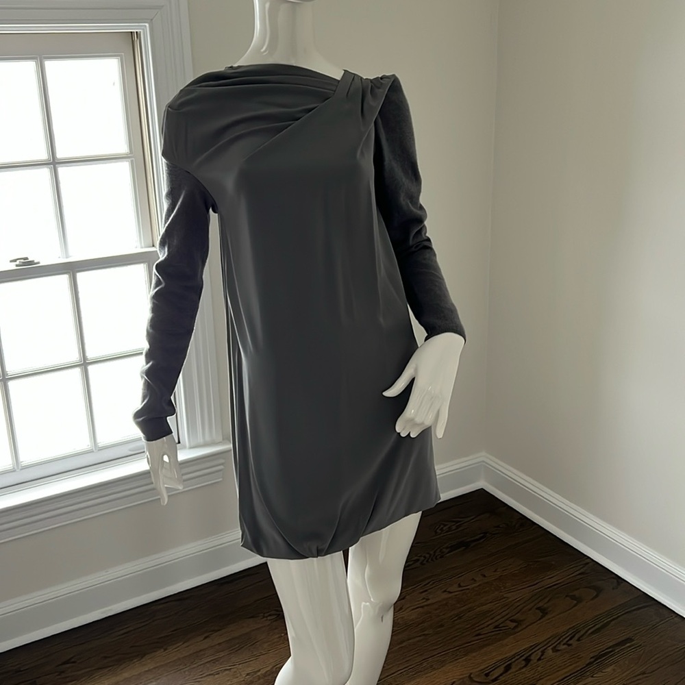 Authentic Brunello Cucinelli grey silk mini dress with cashmere long sleeves